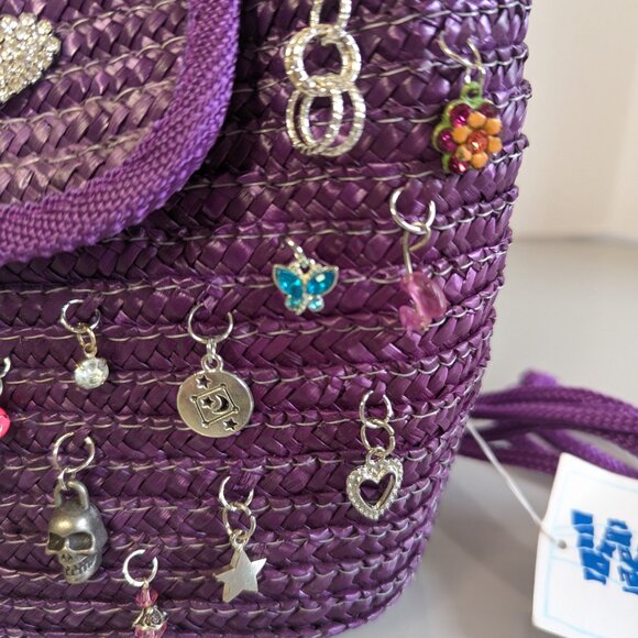 Vintage Purple Woven Straw Crossbody Bag Upcycled Jewelry Charms Deadstock - Picture 5 of 6